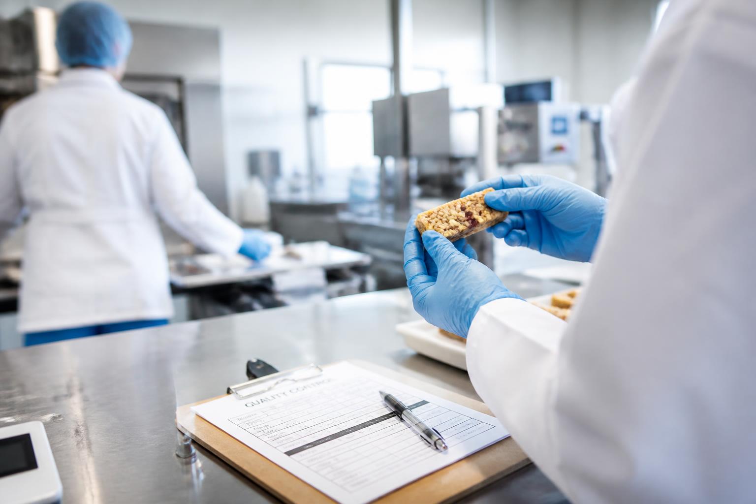 Profissionais em ambiente de produção de alimentos realizando controle de qualidade